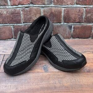 Easy Spirit Shoes Womens 10M Travel Time Mule Sneaker Black Leather Houndstooth
